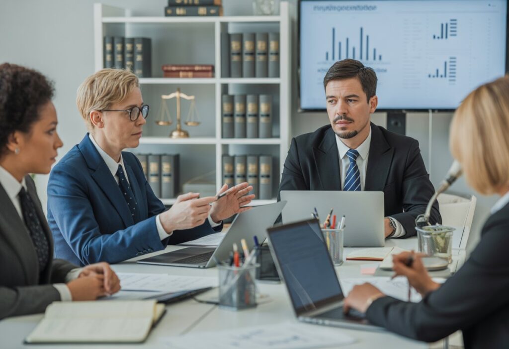 Een groep professionals bespreekt psychologische beoordelingen in een moderne kantooromgeving.