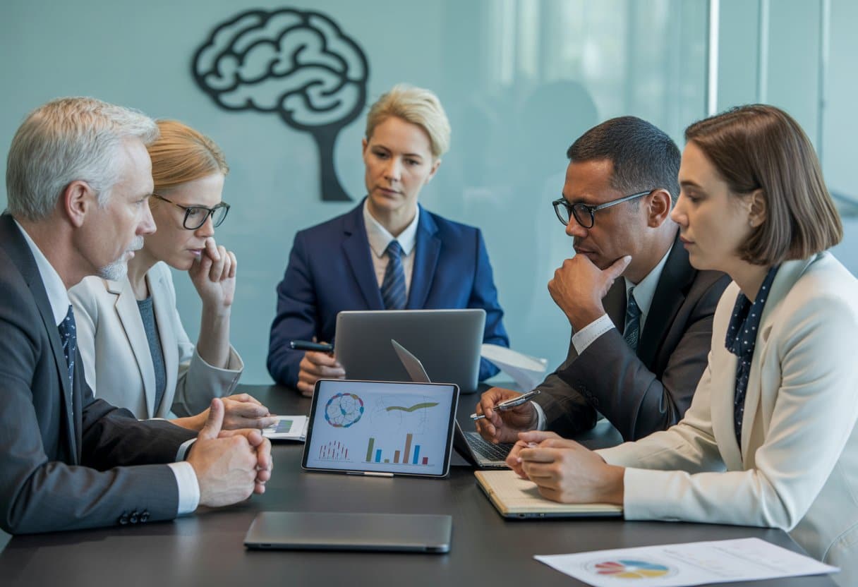 Een groep professionals bespreekt documenten in een moderne kantooromgeving, gericht op een beoordelingsproces.