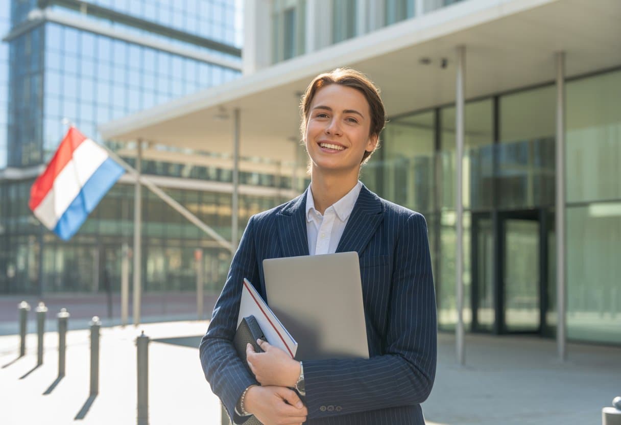 Een jonge professional staat voor een modern kantoorgebouw in Nederland, gekleed in zakelijke kleding met een laptop en documenten in de hand.