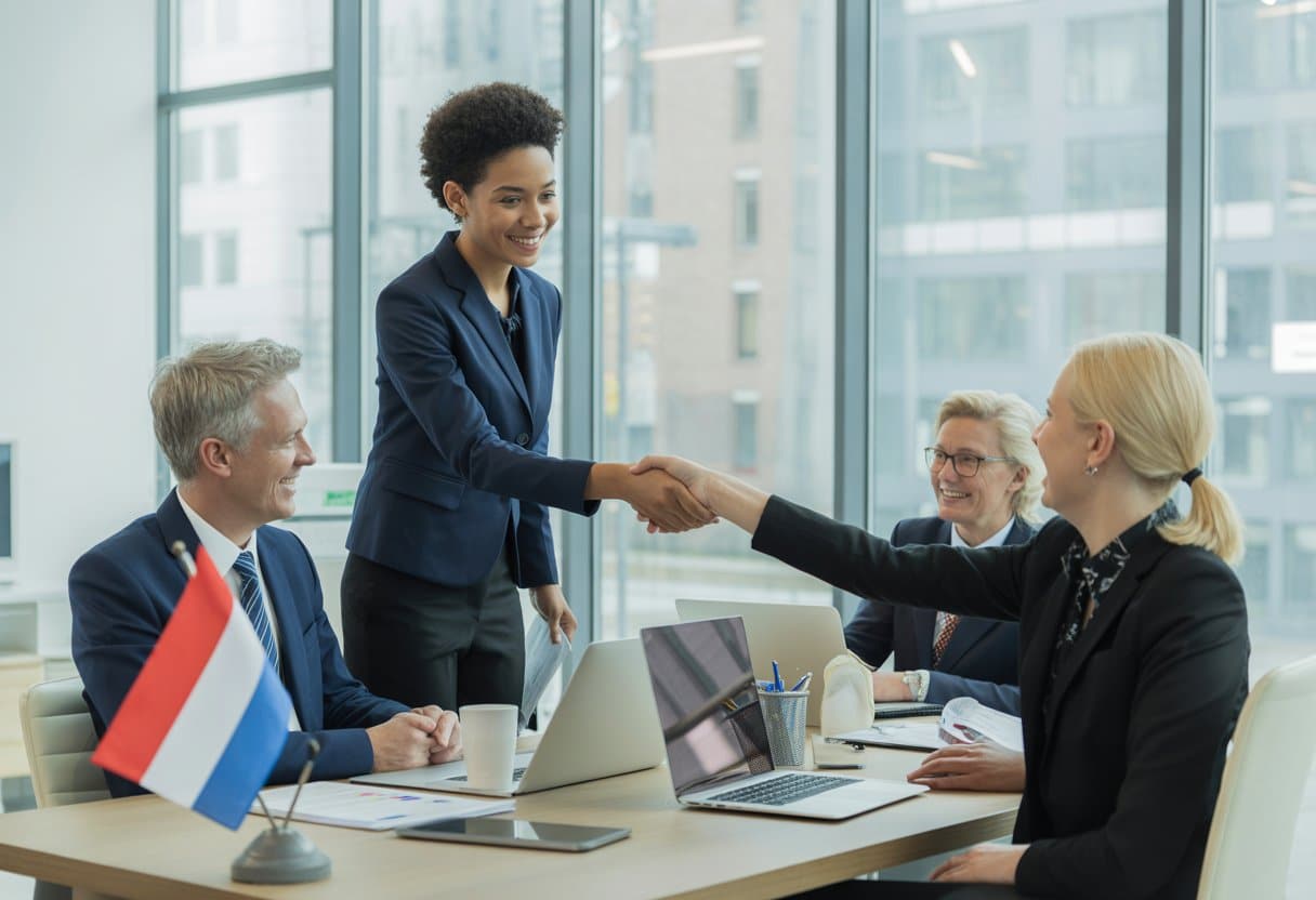 Een groep internationale professionals in een modern kantoor in Nederland, waarbij een jonge migrant een hand schudt met een HR-manager.