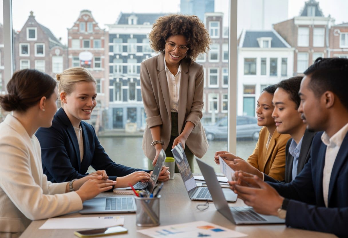 Een diverse groep jonge professionals bespreekt samen in een modern kantoor met uitzicht op een Nederlandse stadsomgeving.