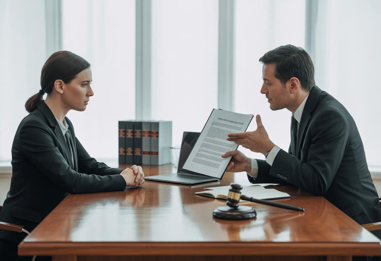 Een advocaat en cliënt zitten tegenover elkaar aan een bureau in een kantoor en bespreken juridische zaken.