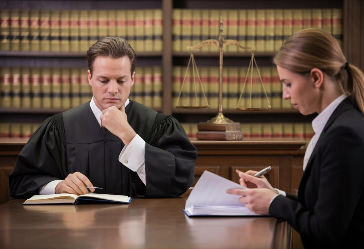 Een rechter en een deskundige in een rechtszaal die documenten bestuderen, met een weegschaal van justitie op de achtergrond.