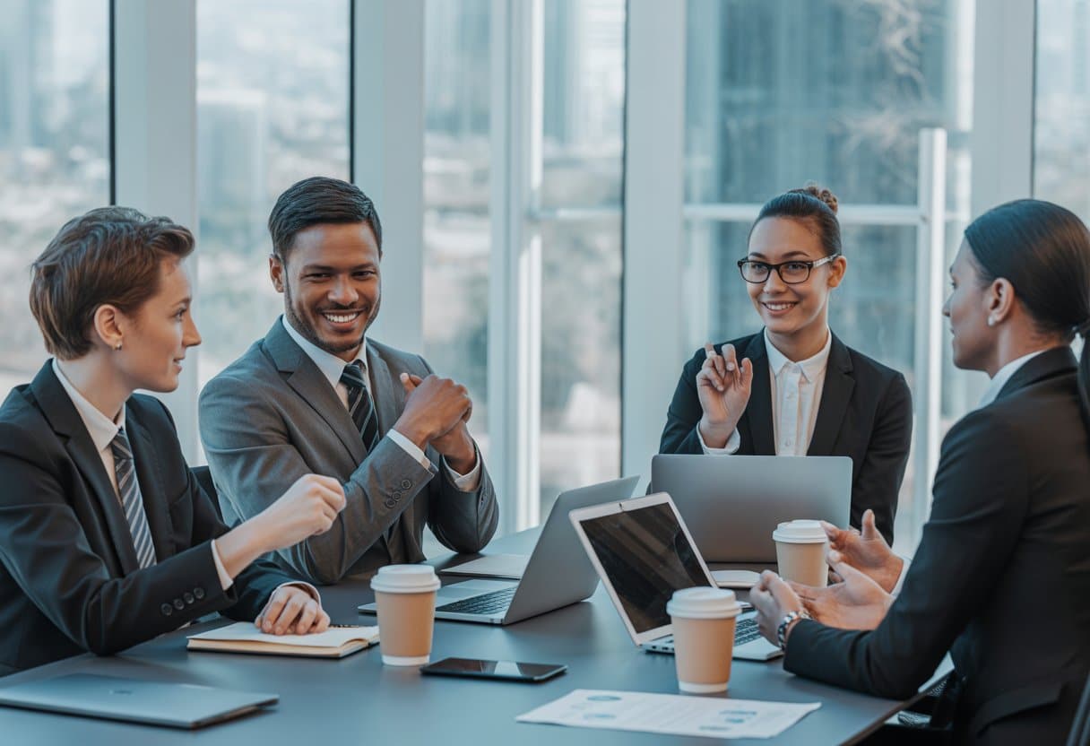 Een diverse groep zakelijke professionals zit samen aan een vergadertafel in een modern kantoor en bespreekt werkgerelateerde verplichtingen.