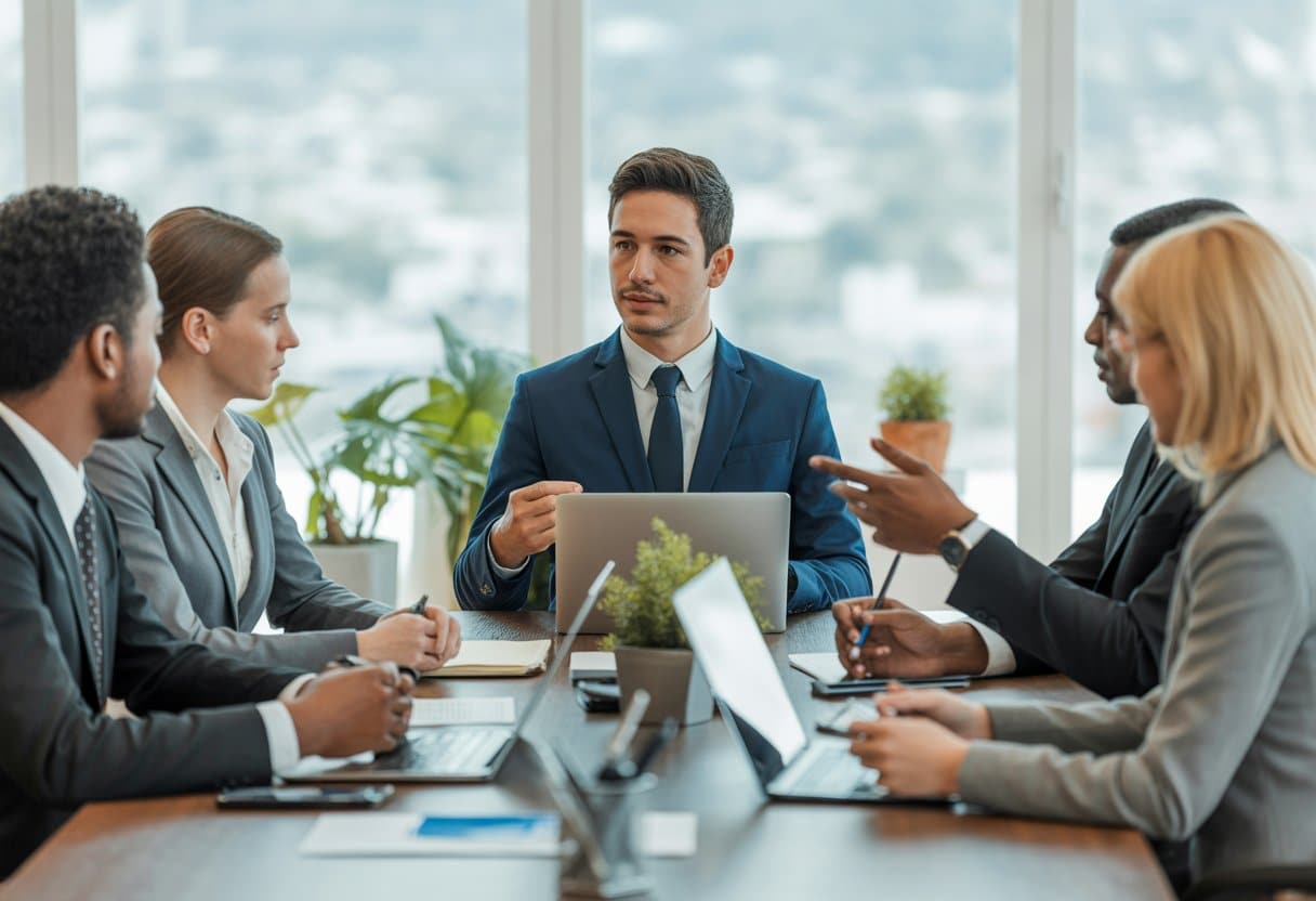 Een groep zakelijke professionals in een moderne kantoorruimte tijdens een vergadering, waarbij een internationale werknemer en een werkgever met elkaar praten.