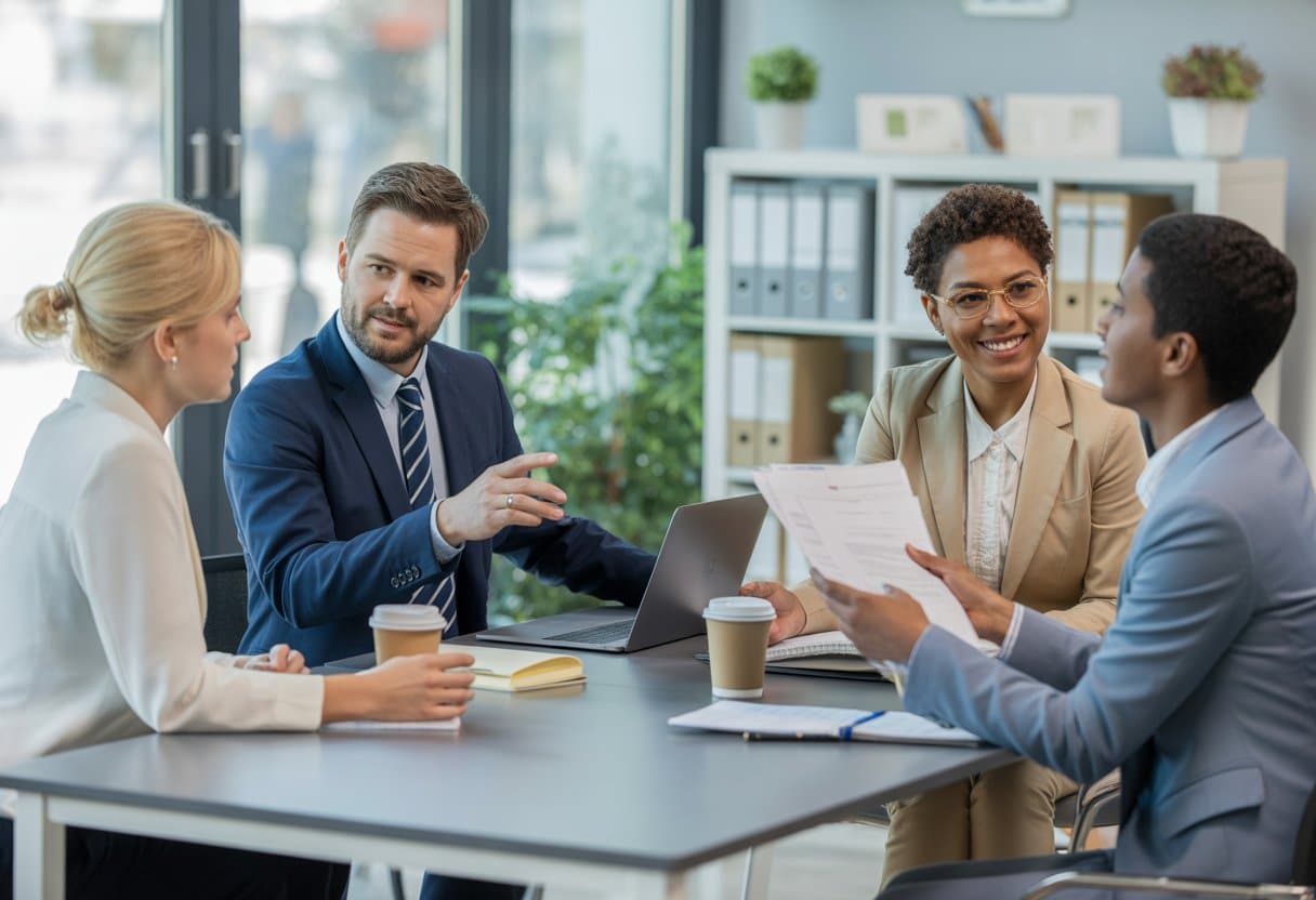 Een groep mensen zit samen aan een vergadertafel in een modern kantoor en bespreekt werkgerelateerde zaken.