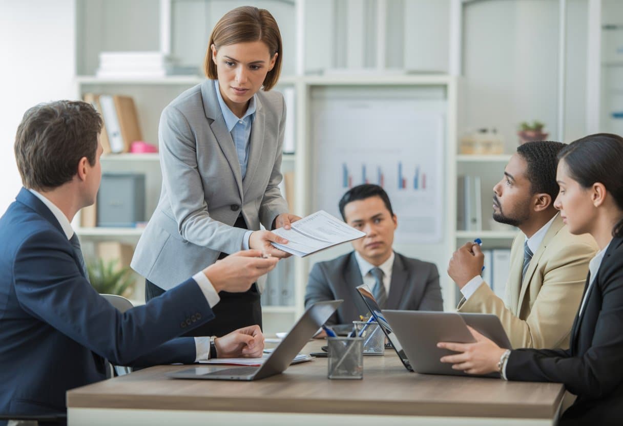 Een groep professionals in een kantoor bespreekt documenten tijdens een formele vergadering.