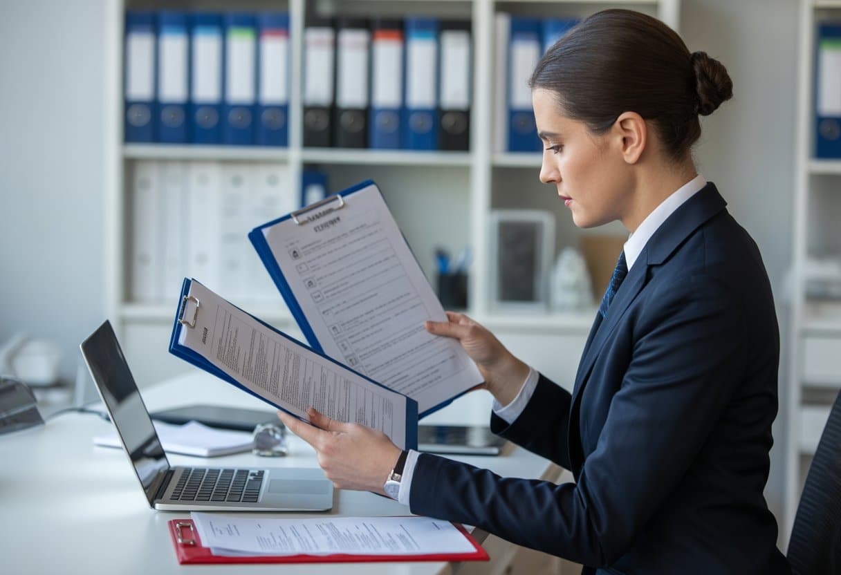 Een persoon in een kantooromgeving controleert documenten aan een bureau, met mappen en een laptop op de achtergrond.