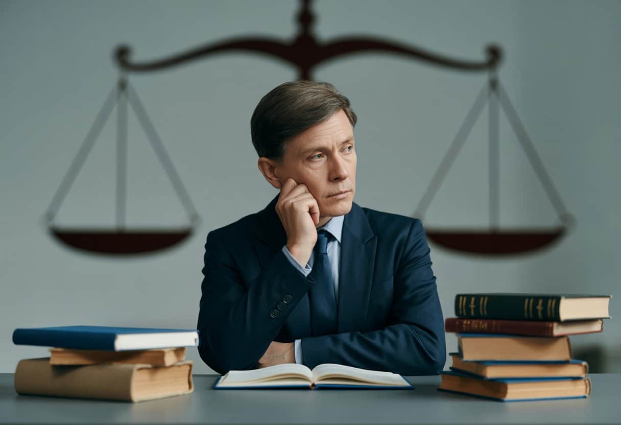 Een nadenkende persoon zit aan een bureau met juridische boeken en documenten, met op de achtergrond een wazig beeld van een weegschaal van gerechtigheid.