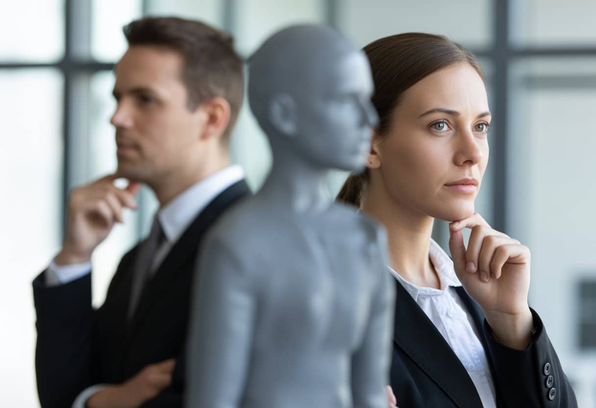 Twee zakelijke professionals staan aan weerszijden van een wazig grijs gebied dat de onduidelijke grens tussen verminderd en volledig ontoerekeningsvatbaar symboliseert.