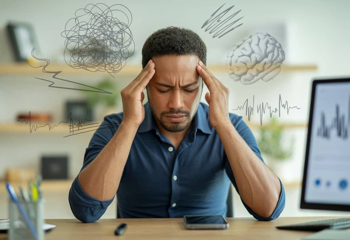 Een man zit aan een bureau met zijn handen op zijn slapen, zichtbaar gestrest en overweldigd in een kantooromgeving.