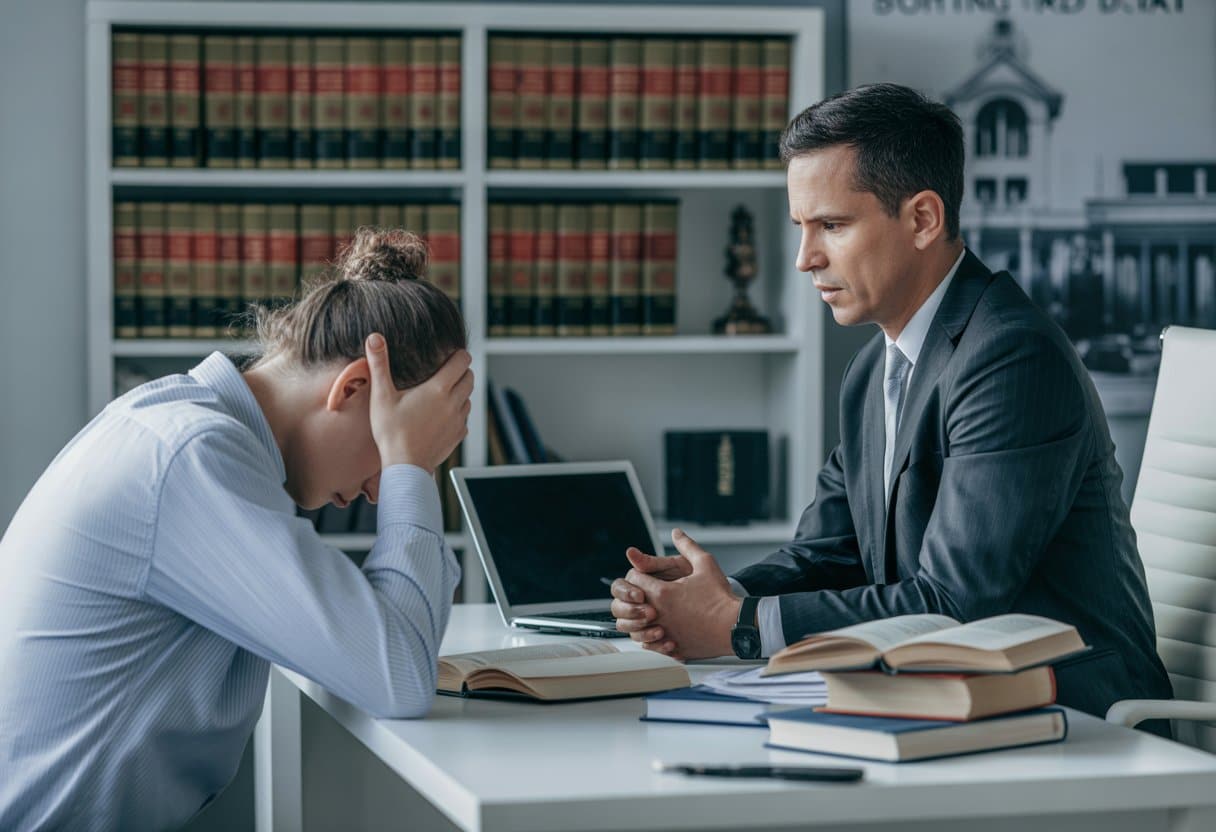 Een advocaat spreekt met een gestreste persoon in een kantoor met juridische boeken op de achtergrond.