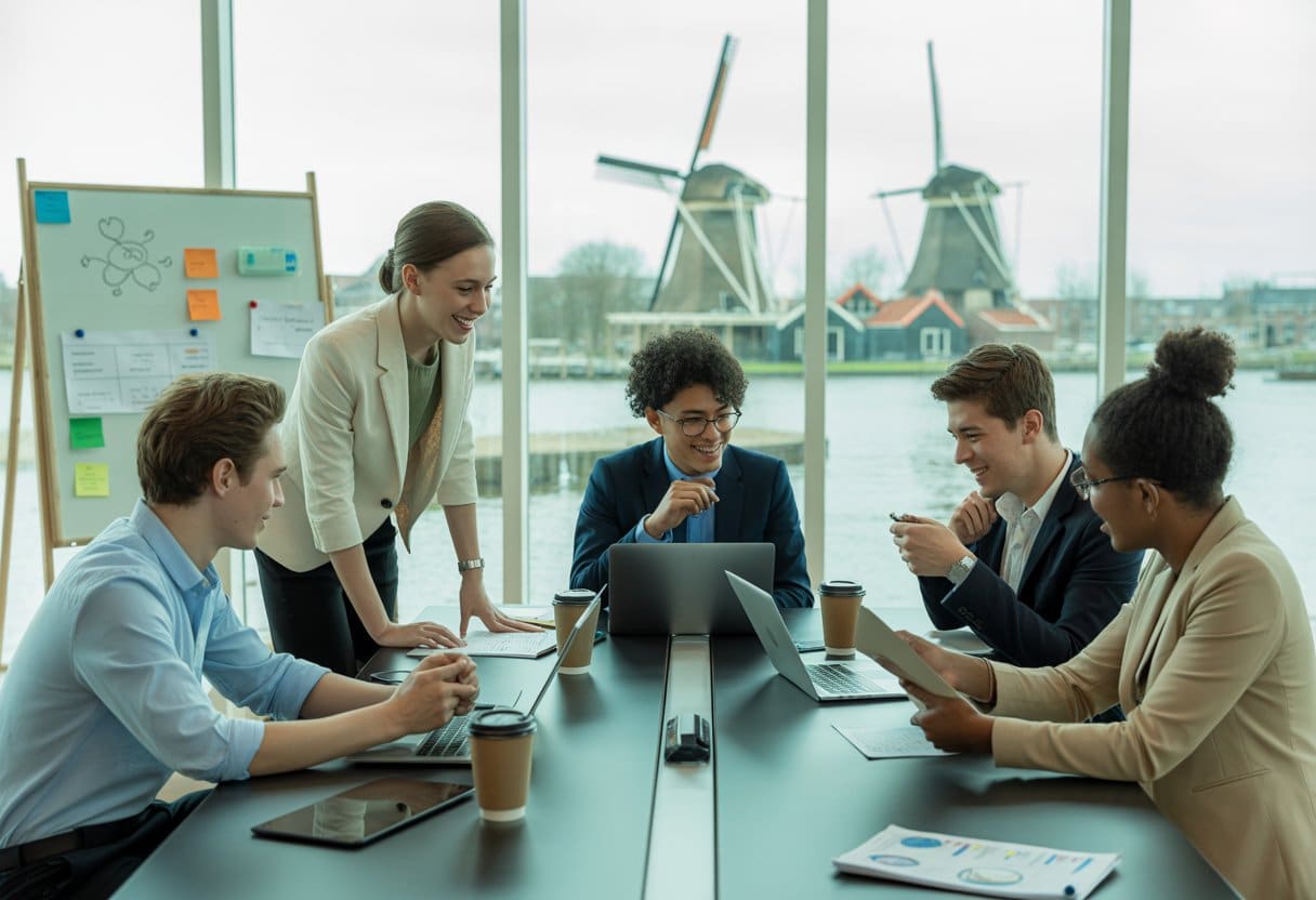 Een groep jonge professionals werkt samen in een moderne kantoorruimte met uitzicht op een Nederlandse stad.