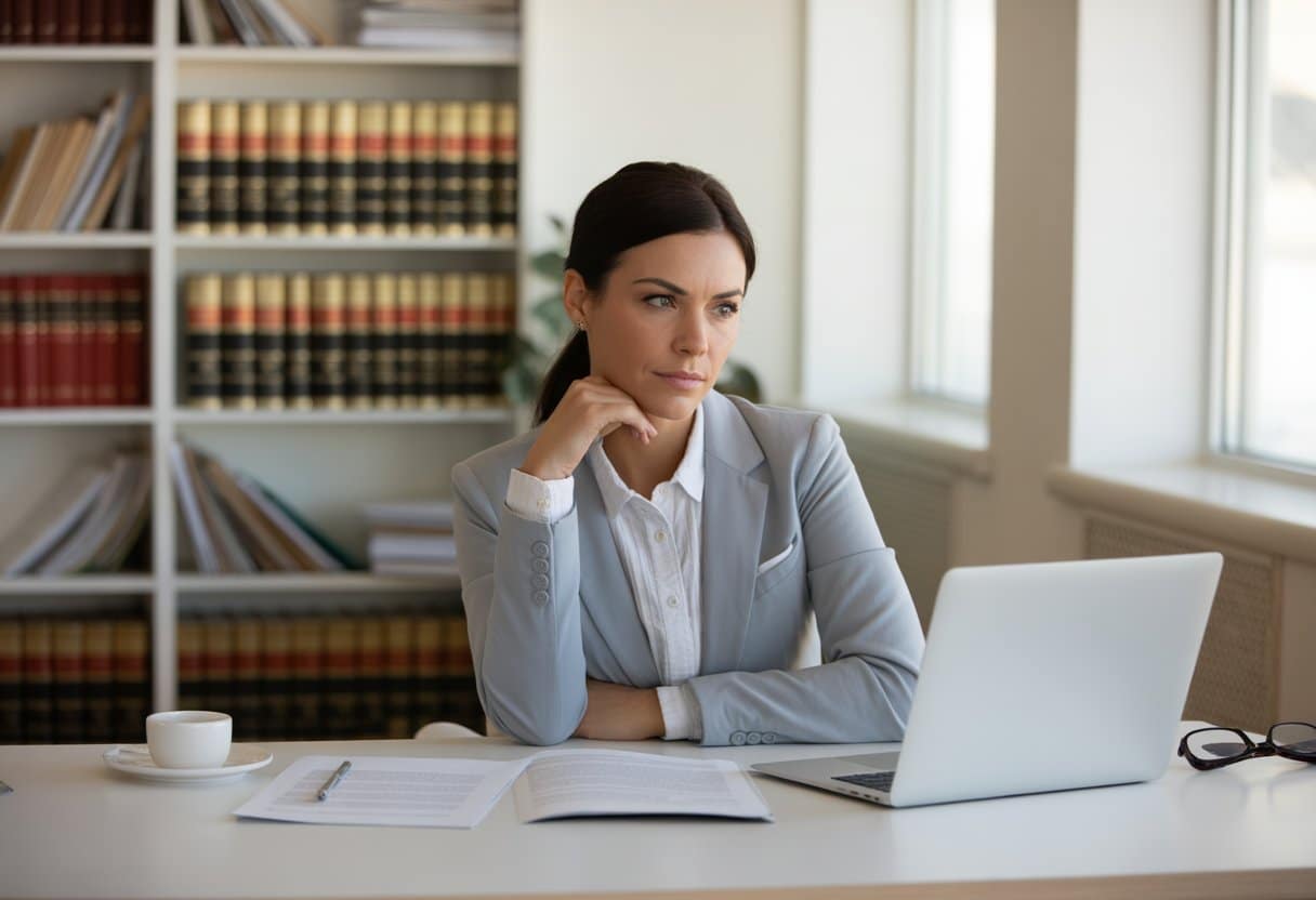 Vrouw zit aan een bureau met juridische documenten en een laptop, kijkt bedachtzaam en vastberaden in een kantooromgeving.