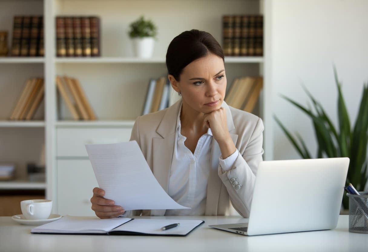 Vrouw zit aan een bureau in een kantoor en bekijkt geconcentreerd juridische documenten.
