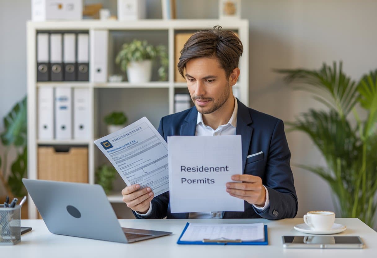 Een zelfverzekerde ondernemer werkt aan een bureau met documenten en een laptop in een moderne kantooromgeving.