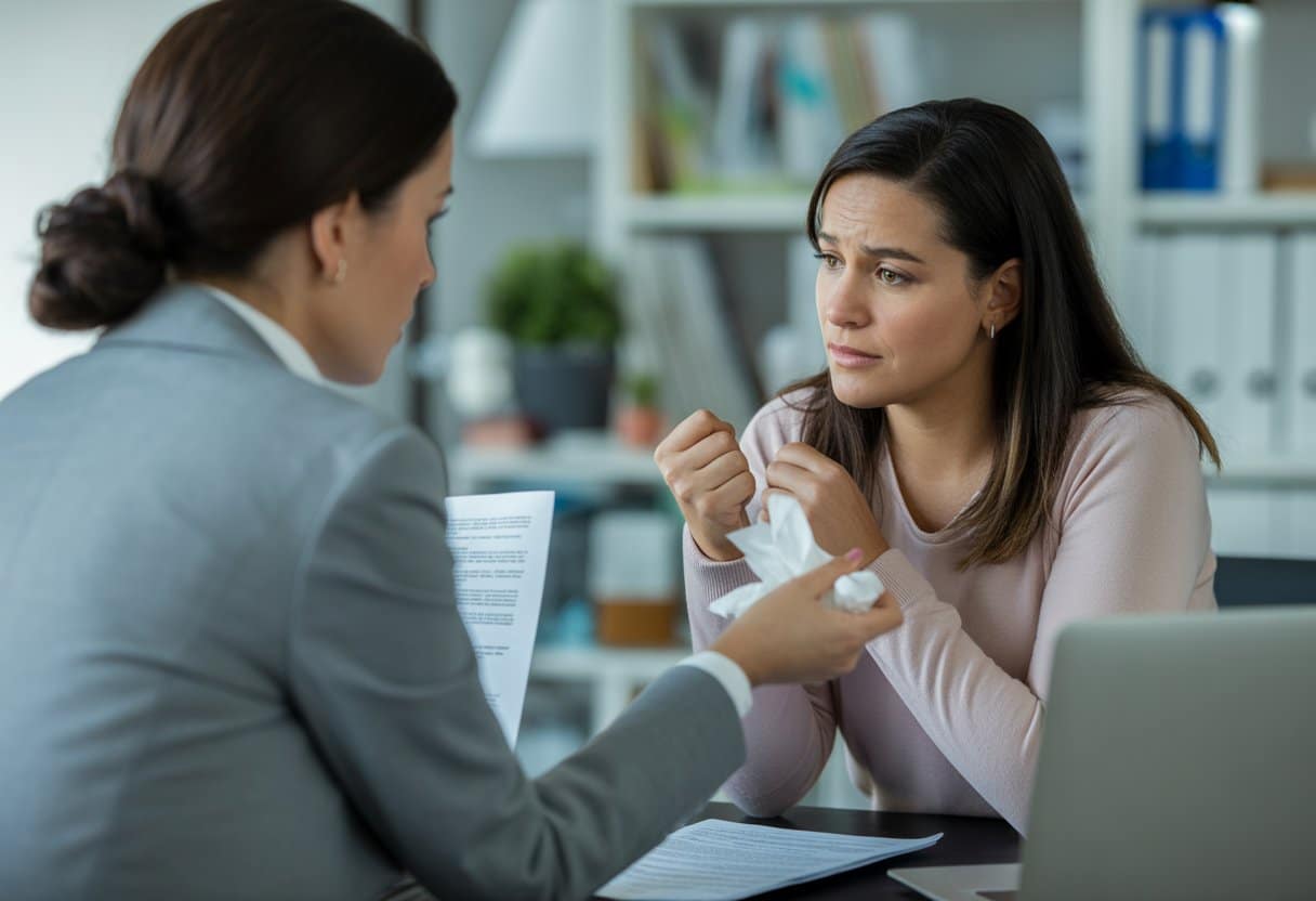 Een vrouw krijgt steun van een sociaal werker in een kantoor, ze ziet er bezorgd maar hoopvol uit.