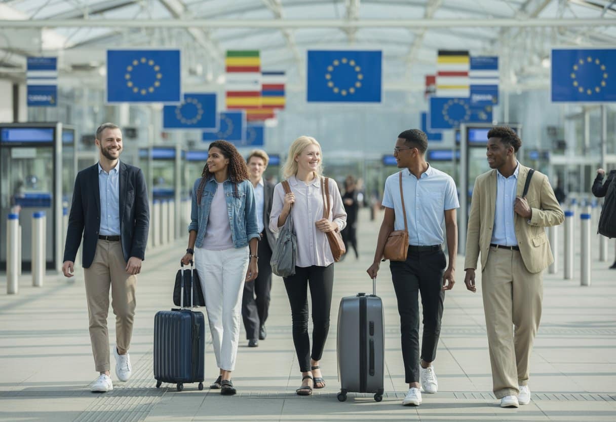 Arbeidsmigratie binnen de EU: vrijheid van verkeer en grenzen uitgelegd 1 Een diverse groep mensen loopt door een moderne grenspost met EU-vlaggen op de achtergrond, met koffers en rugzakken, wat vrijheid van beweging binnen de EU uitbeeldt.