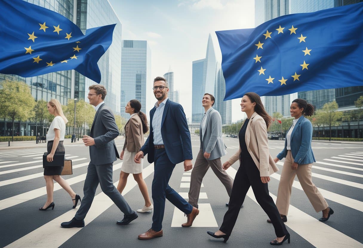 Arbeidsmigratie binnen de EU: vrijheid van verkeer en grenzen uitgelegd 2 Een diverse groep professionals loopt samen door een moderne Europese stadsomgeving met op de achtergrond EU-vlaggen en herkenbare gebouwen.