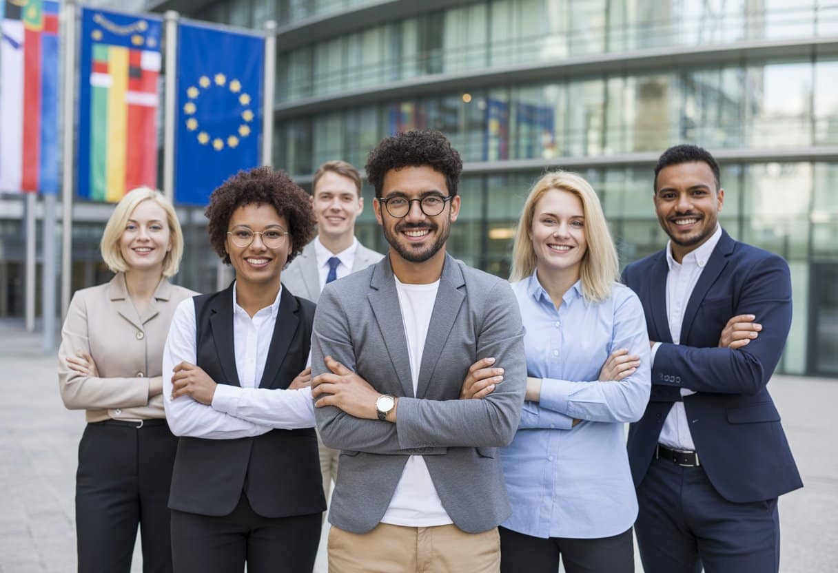 Arbeidsmigratie binnen de EU: vrijheid van verkeer en grenzen uitgelegd 3 Een diverse groep werkende mensen staat samen voor een modern kantoorgebouw met Europese vlaggen op de achtergrond.
