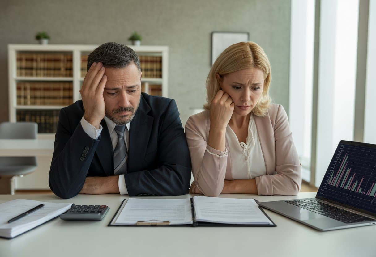 Een man en vrouw zitten tegenover elkaar aan een tafel met juridische documenten en een laptop, beiden kijken bezorgd tijdens een moeilijke gesprekssituatie.