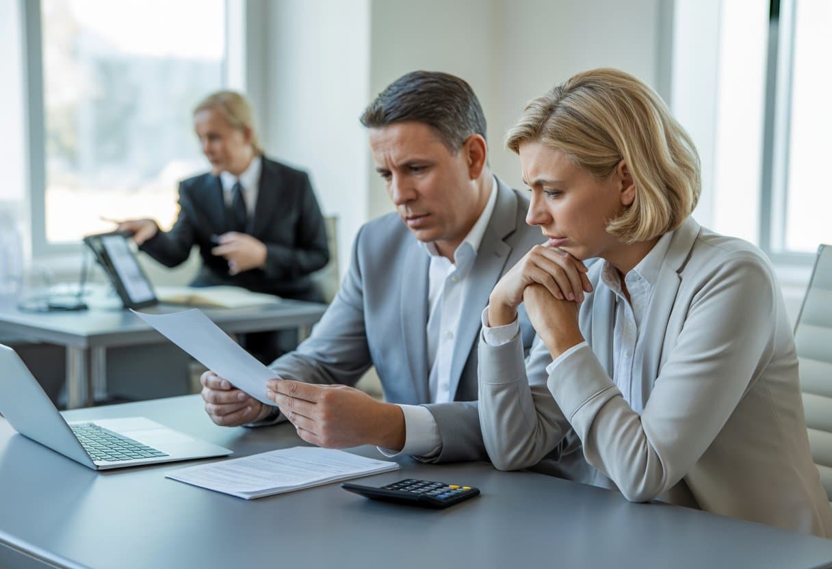 Een stel zit aan een bureau in een kantoor, in gesprek met een adviseur over financiële zaken tijdens een echtscheiding.