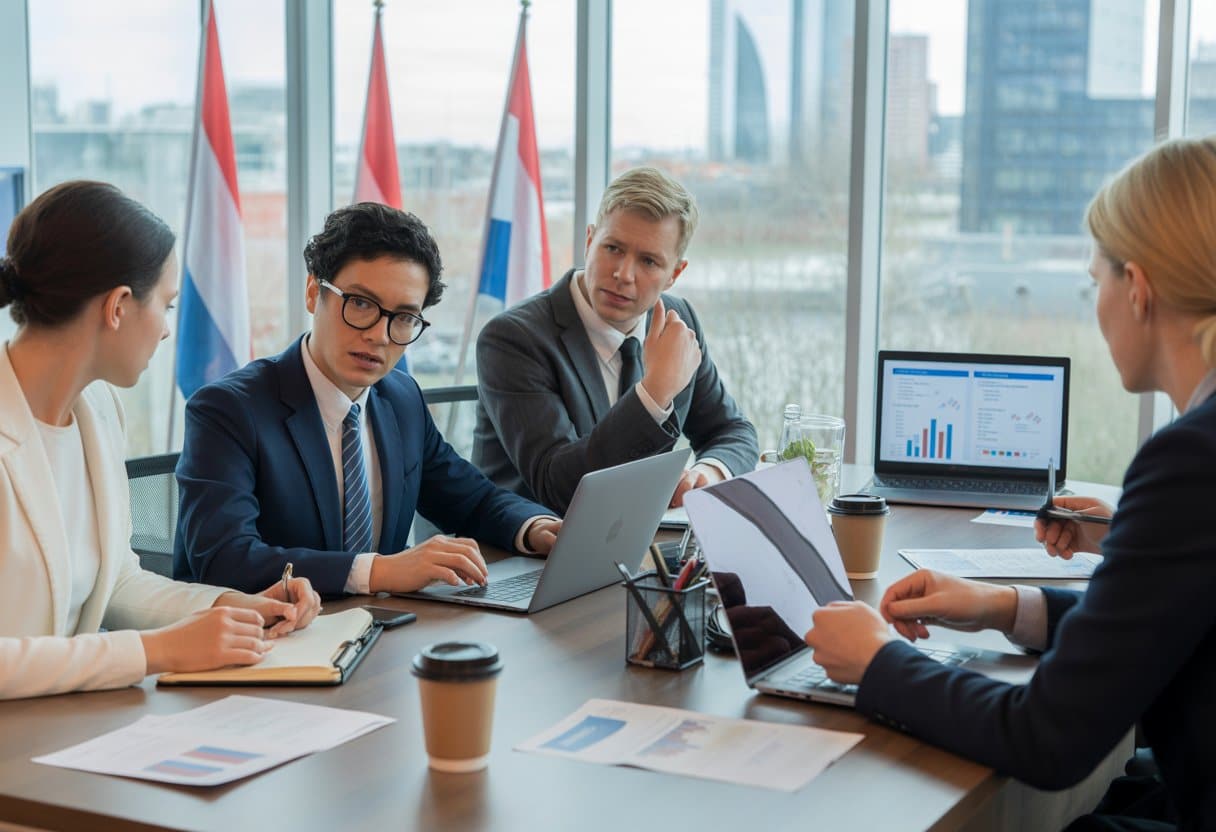Een groep zakelijke professionals in een kantoor in Nederland bespreekt documenten aan een vergadertafel.