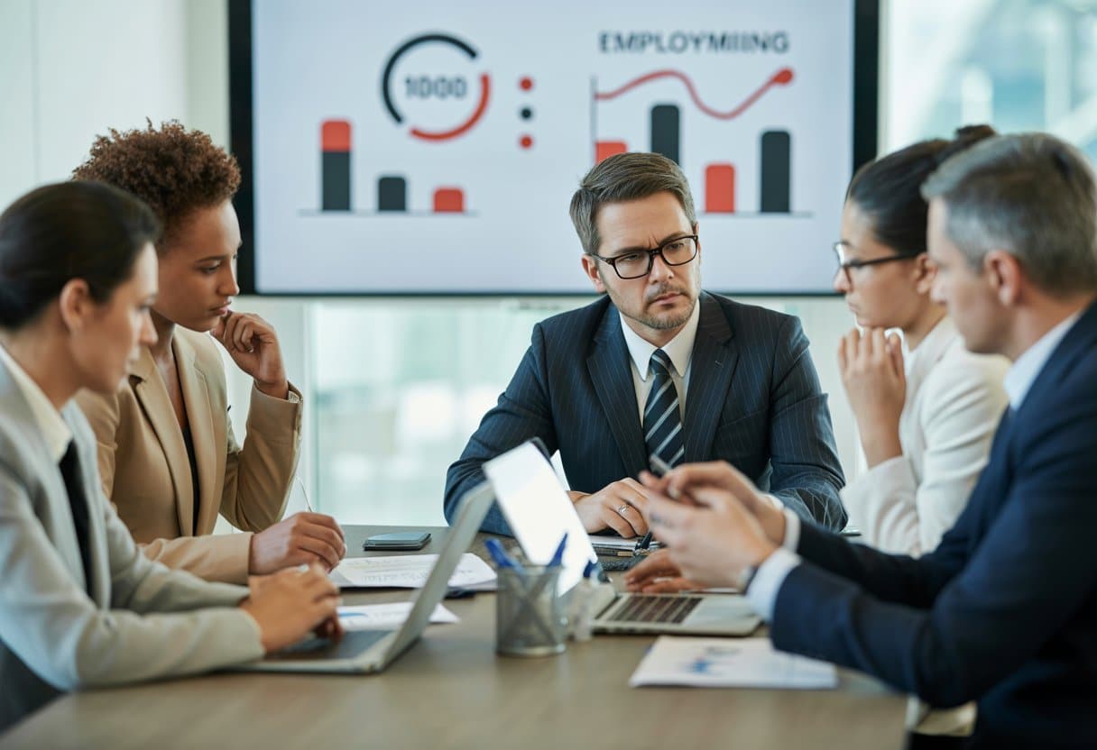 Een groep professionals in een kantoor die een vergadering houden over werkgerelateerde regels en boetes.