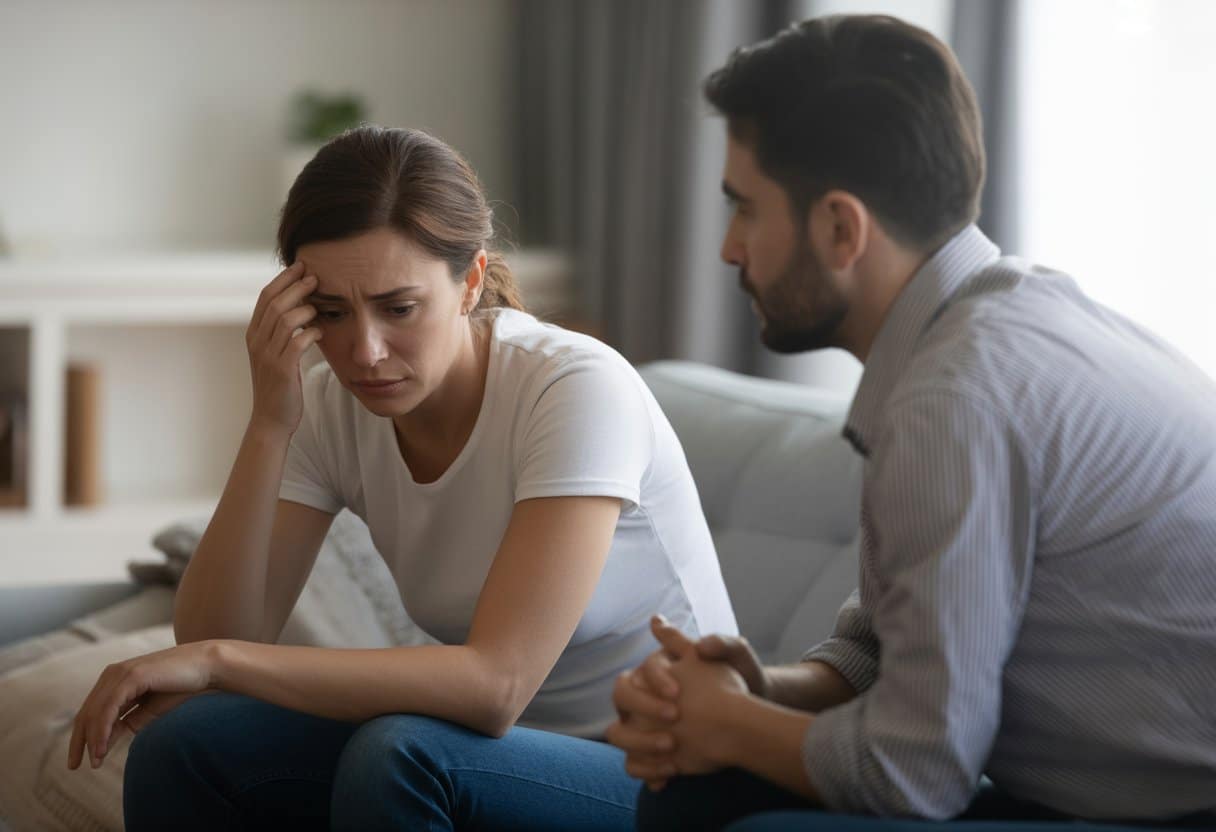 Twee volwassenen in een woonkamer, één zit verdrietig op de bank terwijl de ander bezorgd staat, een emotioneel moment van afscheid.