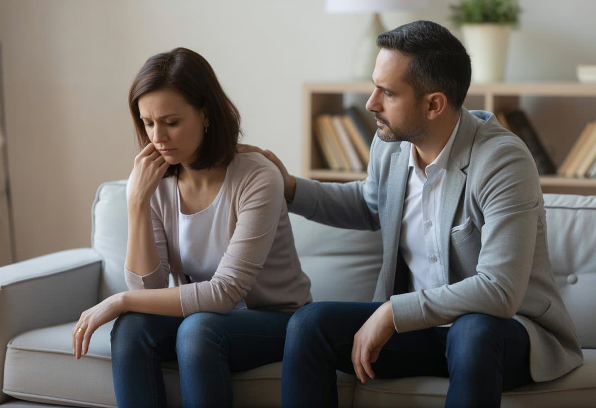 Een man en een vrouw zitten apart op een bank in een woonkamer, de vrouw kijkt nadenkend naar beneden en de man kijkt bezorgd en reikt voorzichtig zijn hand naar haar uit.