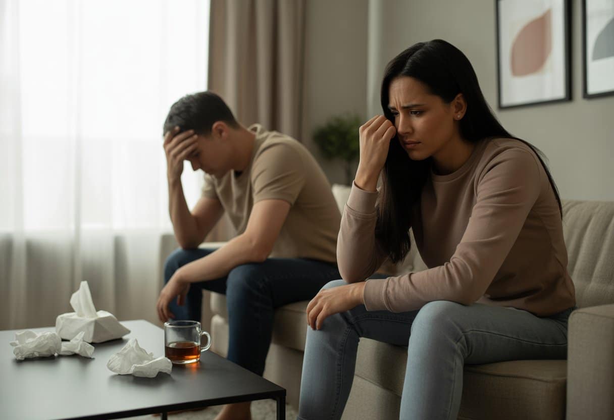 Een gespannen stel zit op een bank in een woonkamer, duidelijk emotioneel afstandelijk en verdrietig.