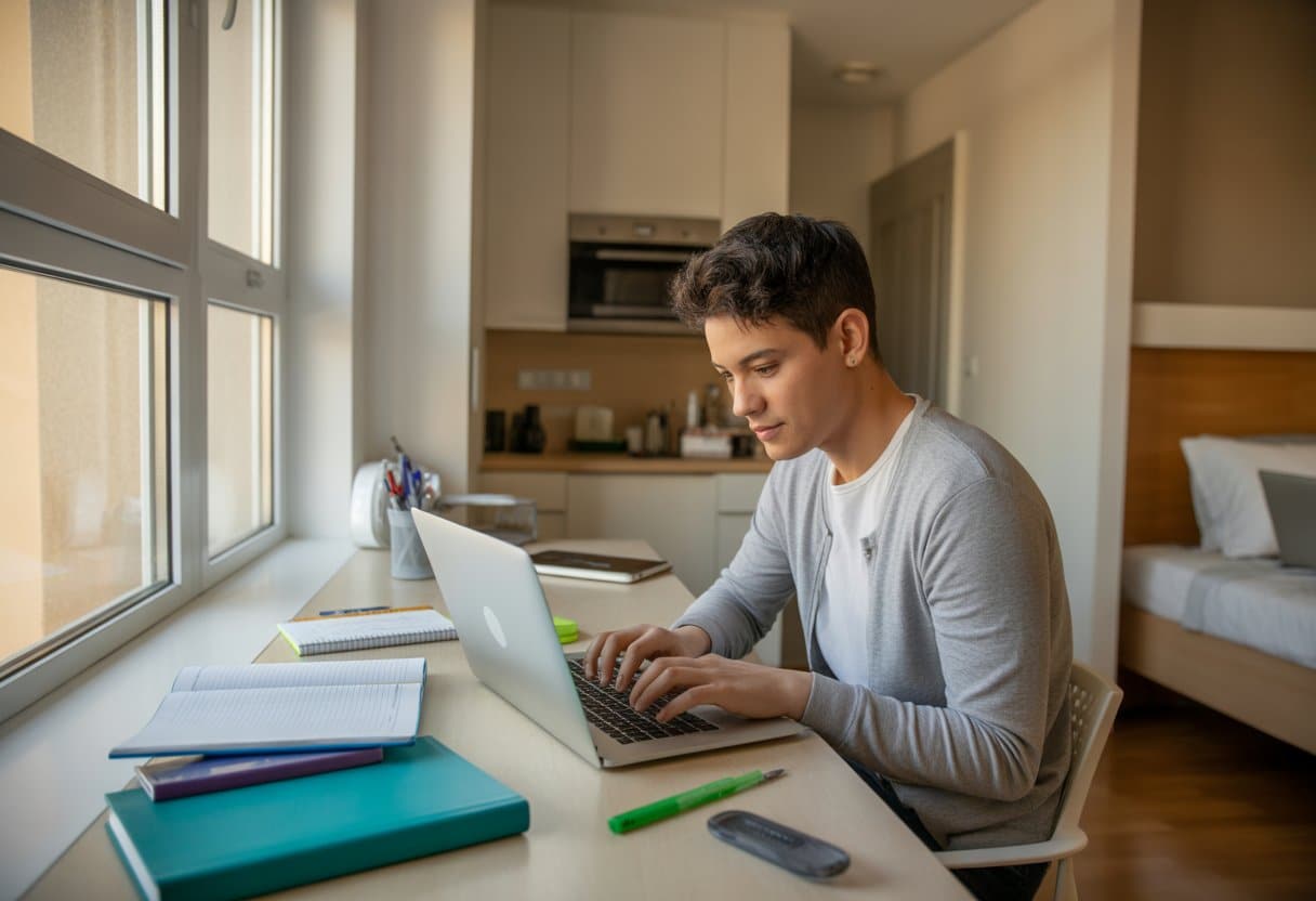 Een student werkt geconcentreerd op een laptop in een nette studentenkamer met studiematerialen op tafel.