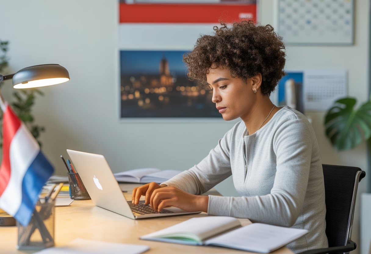 Een jonge student werkt geconcentreerd achter een laptop in een moderne kantooromgeving met studiematerialen.