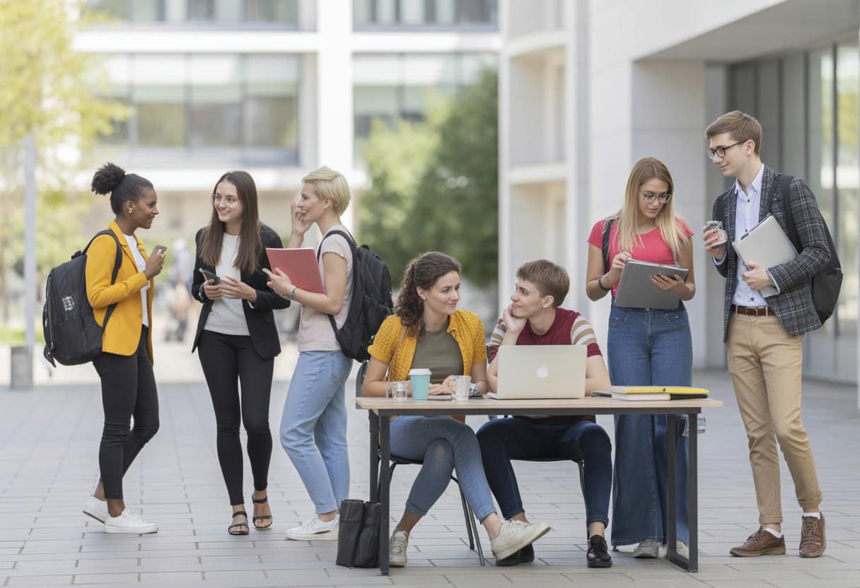 Een diverse groep studenten werkt en studeert samen op een universiteitscampus, binnen en buiten, met laptops en documenten.
