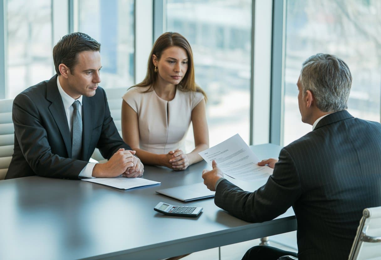 Een professioneel geklede man en vrouw zitten aan een tafel met een adviseur en bespreken belangrijke documenten in een kantoor.