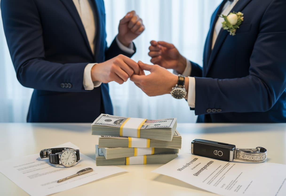 Een bruidspaar dat ringen uitwisselt tijdens een korte huwelijksceremonie, met op de achtergrond geld, luxevoorwerpen en juridische documenten op een tafel.