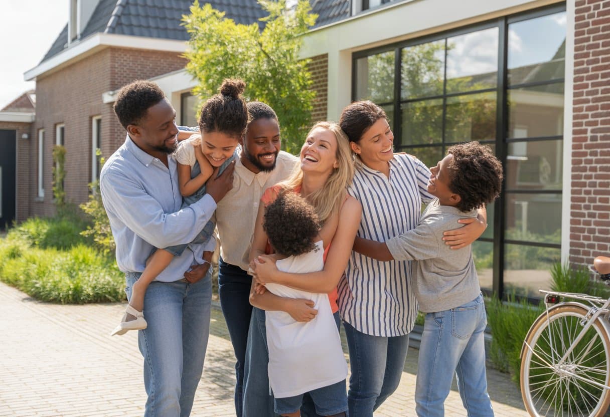 Een diverse familie die elkaar buiten een Nederlands huis blij omhelst.