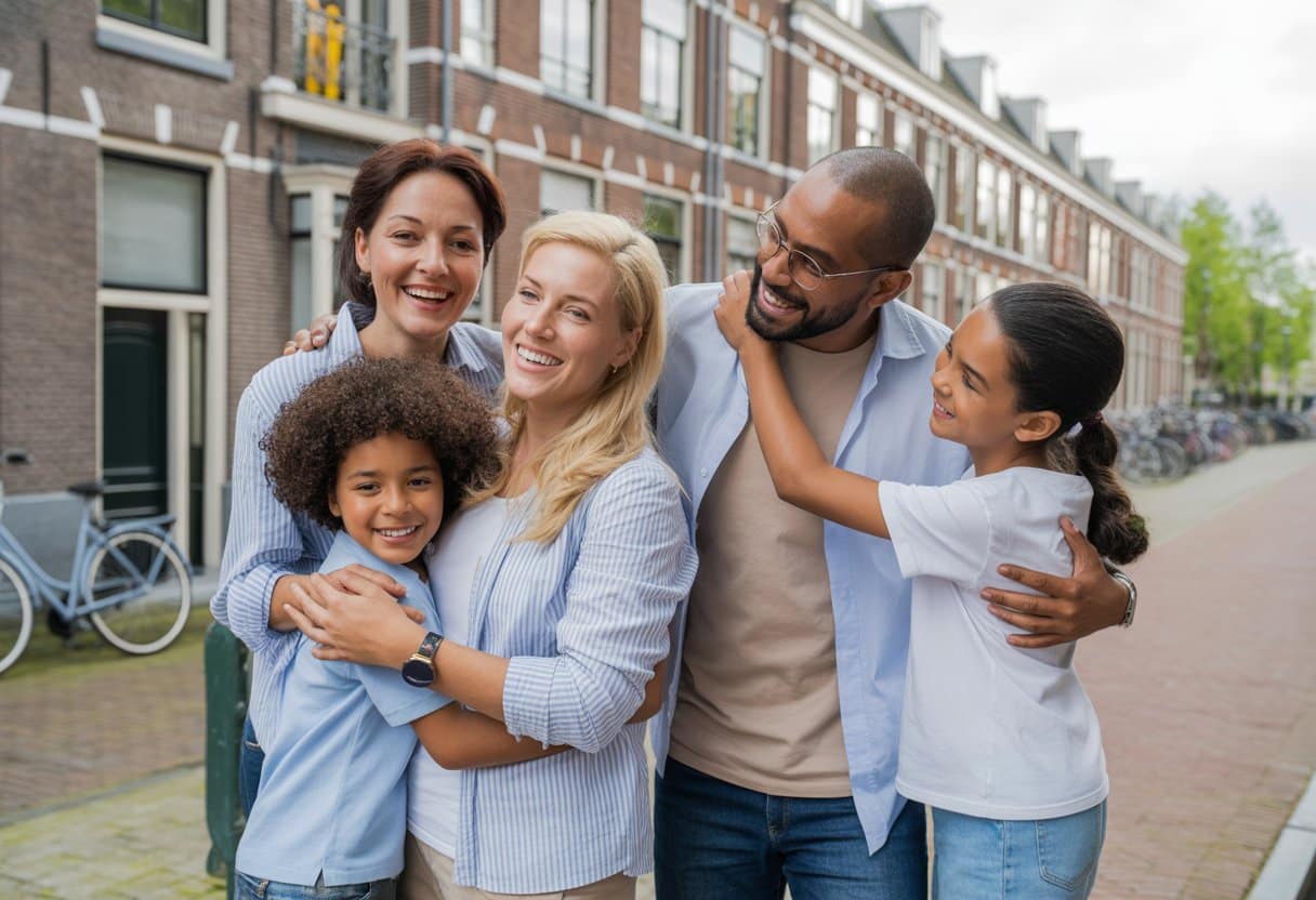 Een diverse Nederlandse familie die elkaar blij omhelst buiten een woongebouw in Nederland.