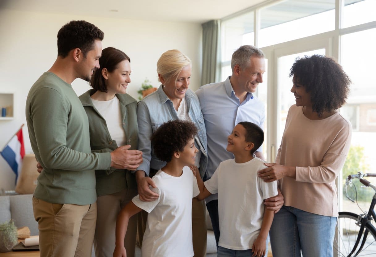 Een diverse familie van meerdere generaties die samen in een huis in Nederland samenkomt en lacht.