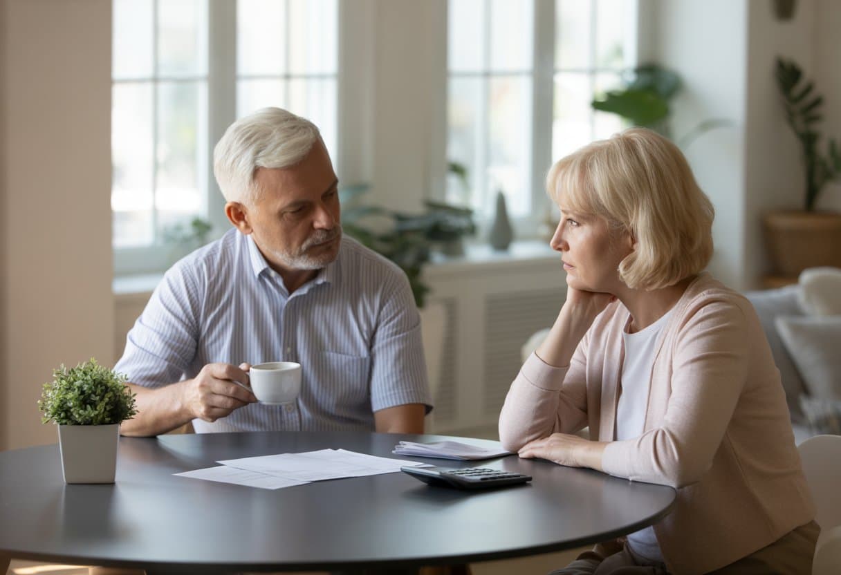 Oudere man en vrouw zitten aan een tafel in een lichte woonkamer, in gesprek met papieren en een rekenmachine op tafel.