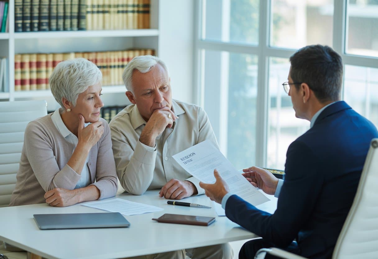 Een oudere man en vrouw zitten aan een bureau met een financieel adviseur, die hen documenten toont in een kantooromgeving.