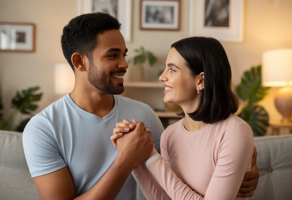 Een gelukkig stel dat hand in hand staat in een gezellige woonkamer, wat hun relatie en verbondenheid toont.