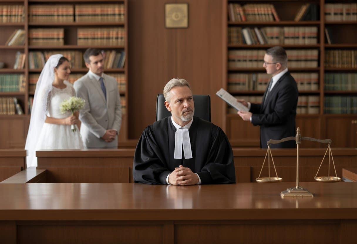 Religieuze huwelijken en echtscheiding: wat mag de rechter? Alles over juridische en religieuze beperkingen 1 Een rechter in een rechtszaal luistert naar een koppel in trouwkleding en een advocaat die documenten presenteert.