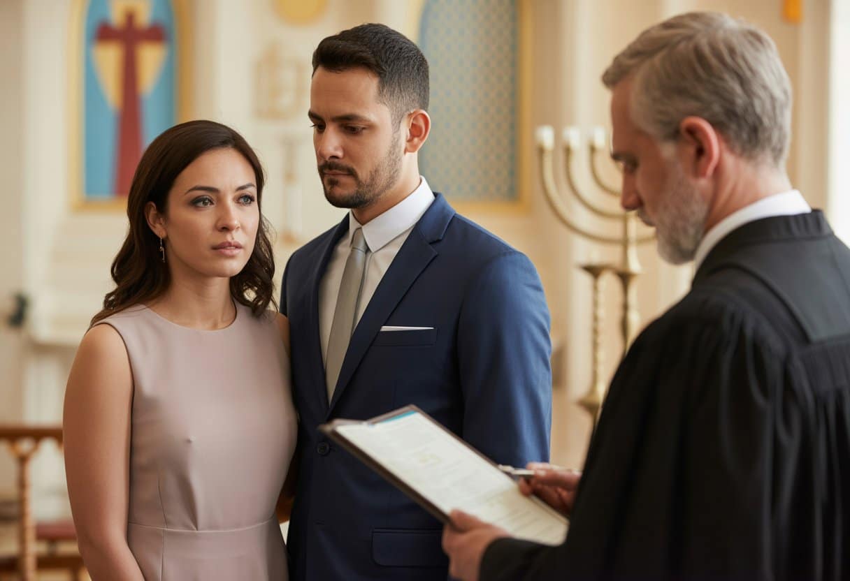 Religieuze huwelijken en echtscheiding: wat mag de rechter? Alles over juridische en religieuze beperkingen 2 Een serieus stel in formele kleding staat in een religieuze ruimte met een rechter die een document vasthoudt, symboliserend religieus huwelijk en echtscheiding.
