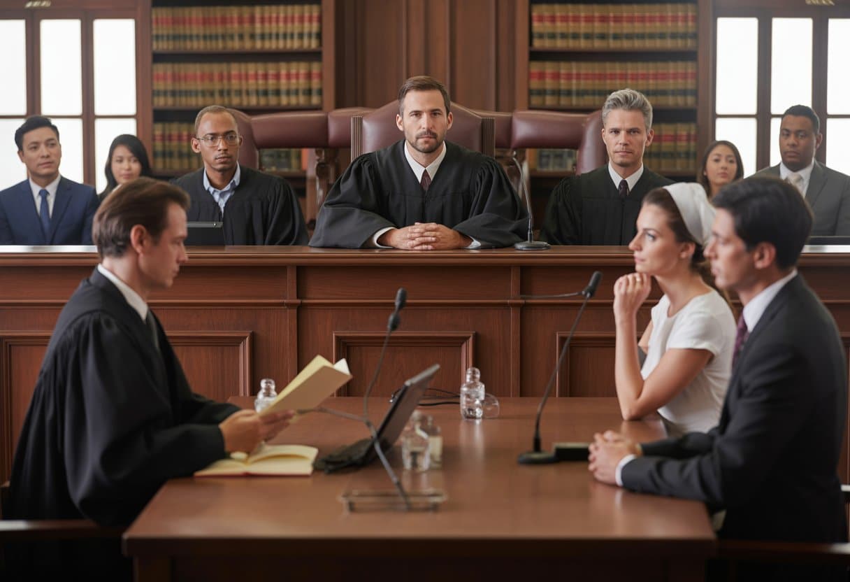 Religieuze huwelijken en echtscheiding: wat mag de rechter? Alles over juridische en religieuze beperkingen 3 Een rechtbank met een rechter, een advocaat en een koppel die een religieus huwelijk vertegenwoordigt tijdens een zitting over juridische beperkingen en echtscheiding.
