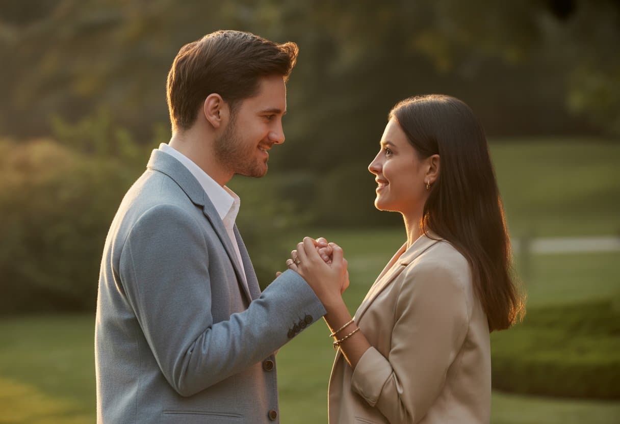Een man en een vrouw die hand in hand staan in een rustige tuin en elkaar liefdevol aankijken.