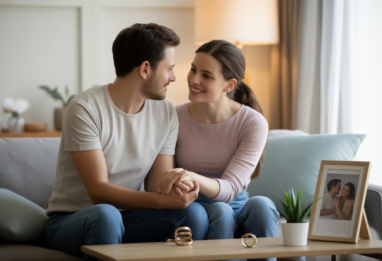 Een man en vrouw zitten samen op een bank, houden elkaars handen vast en kijken liefdevol naar elkaar in een gezellige woonkamer.
