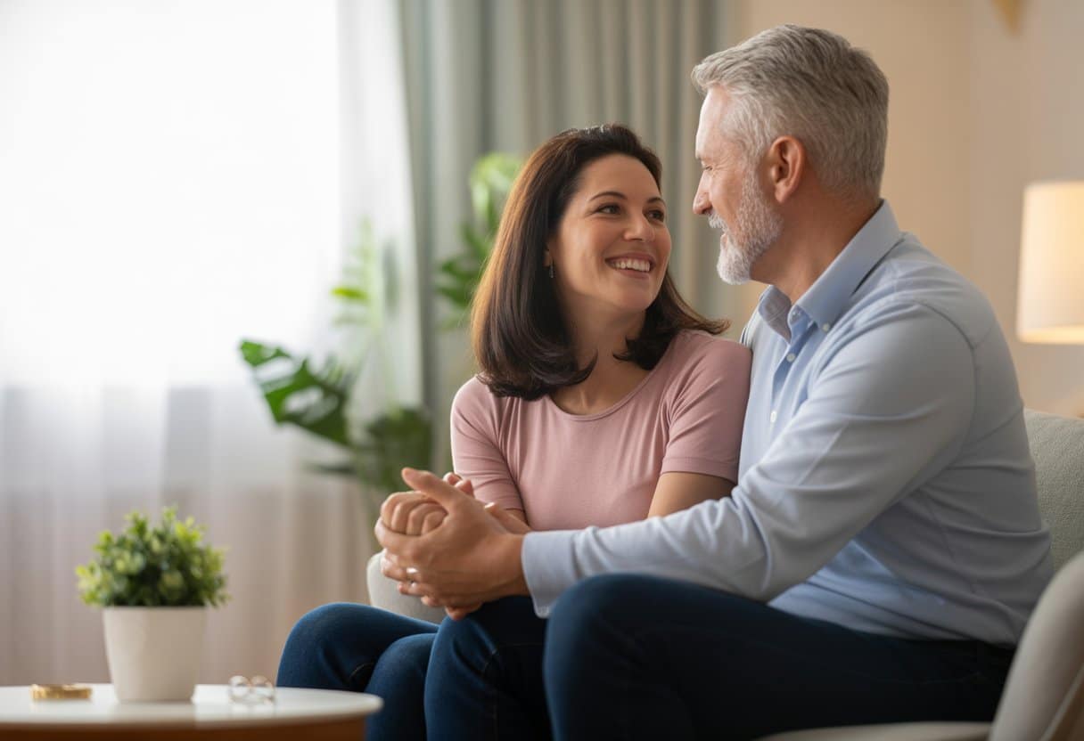 Een gelukkig stel zit samen op een bank en kijkt elkaar liefdevol aan in een gezellige woonkamer.