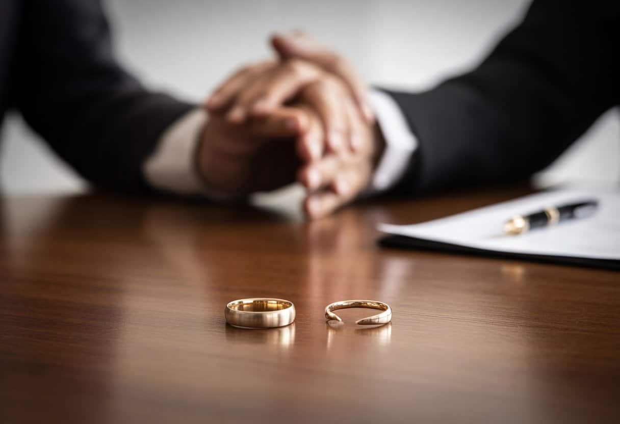 Twee trouwringen op een houten tafel, één heel en één gebroken, met handen die uit elkaar gaan en een vervaagd juridisch document op de achtergrond.