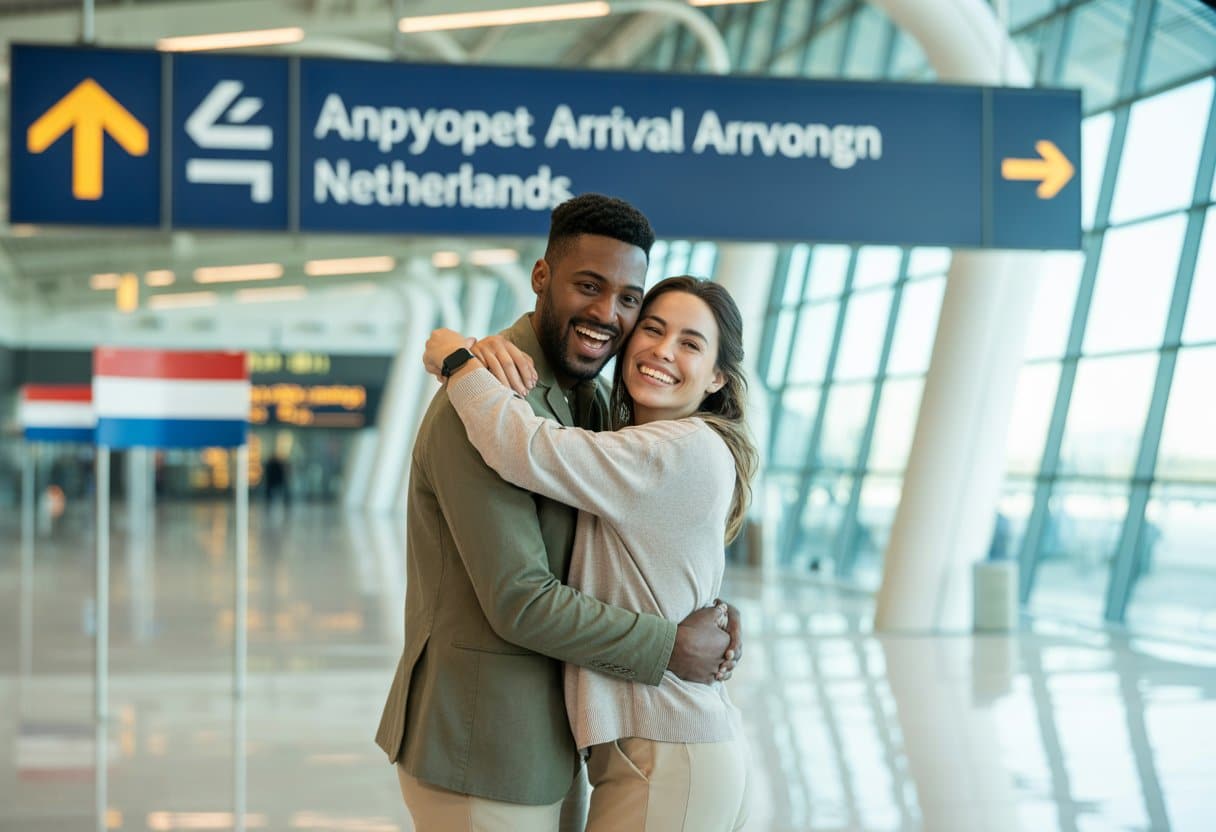 Een stel dat elkaar blij omhelst in een moderne luchthaven aankomsthal in Nederland.
